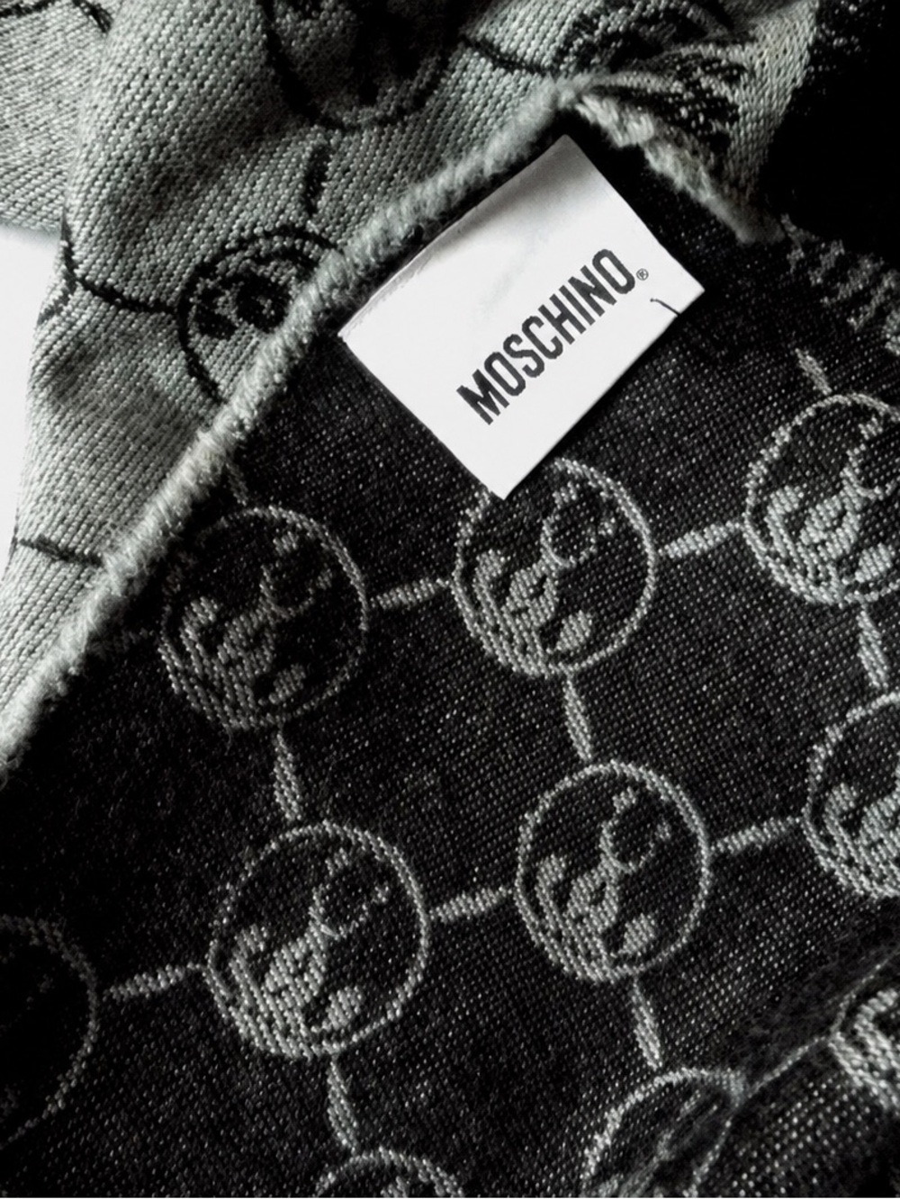 Moschino Gray and Black Logo Wool Blanket Scarf